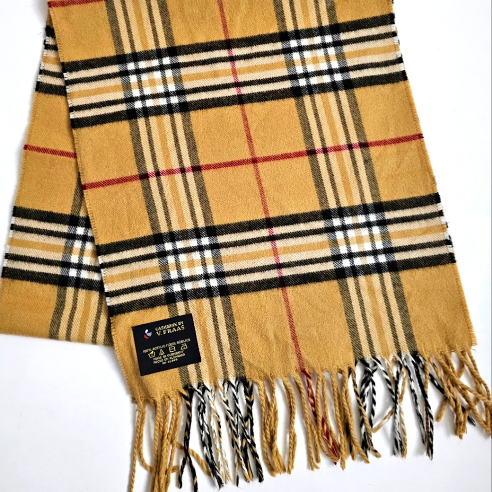 V. FRAAS Classy Cashmink Camel Striped Plaid Super Soft Fringe Scarf German Made